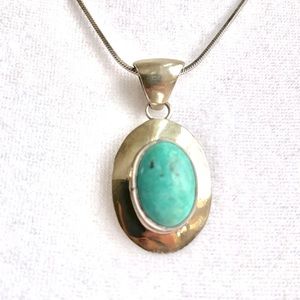 Navajo Harold Young Vintage Stamped Sterling Silver Turquoise Pendant and Chain.